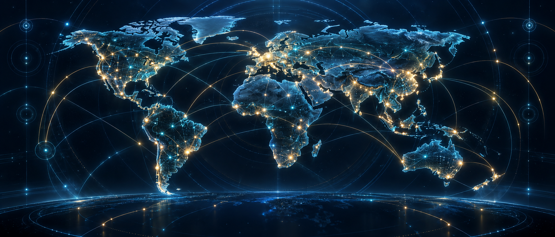 Illuminated world map with connected jurisdiction nodes across six continents