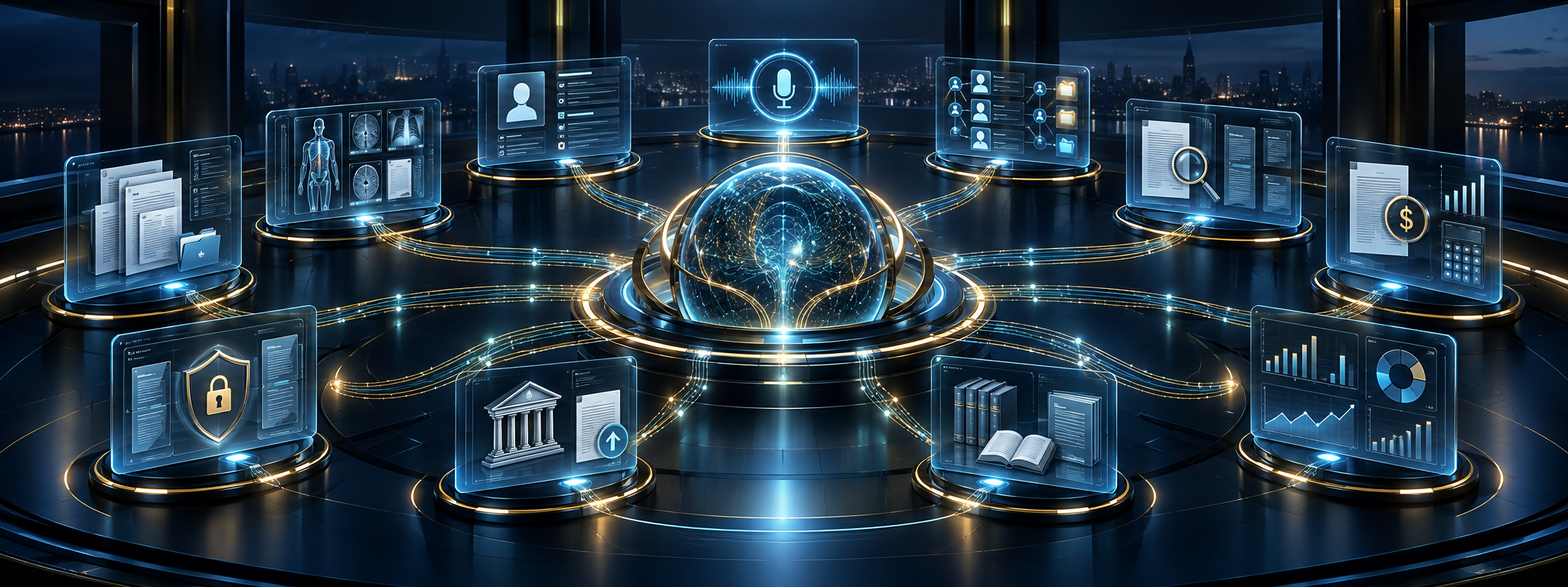 Futuristic unified legal command center connecting drafting, research, medical records, voice, CRM, security, court filing, and analytics