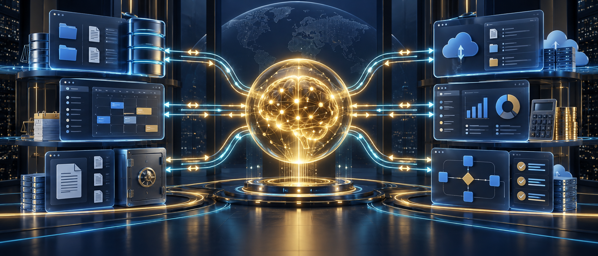 Futuristic MR. AL neural core connected through two-way data paths to generic legal, cloud, calendar, document, and billing systems