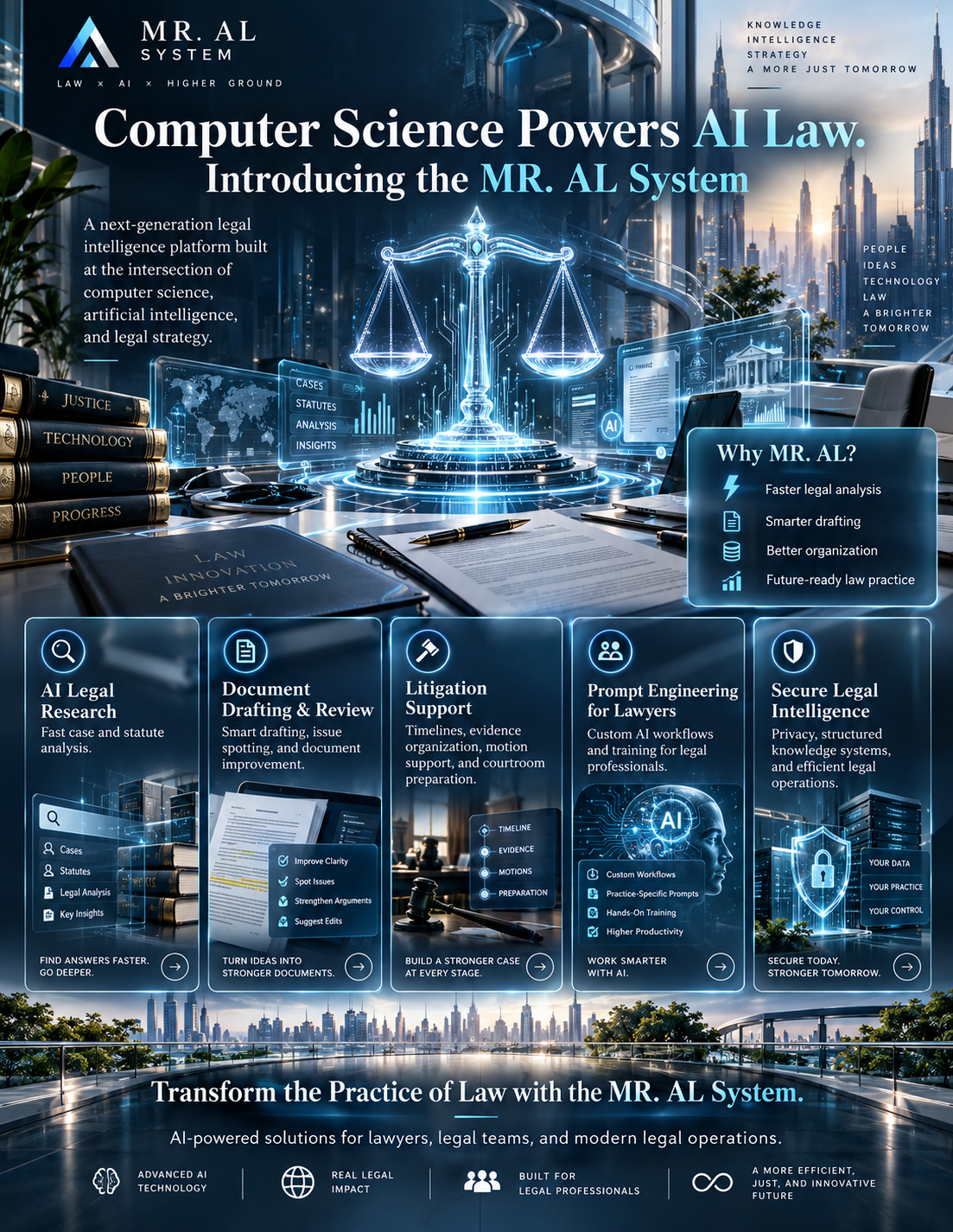 MR. AL System poster titled Computer Science Powers AI Law, presenting AI legal research, document drafting and review, litigation support, prompt engineering for lawyers, and secure legal intelligence