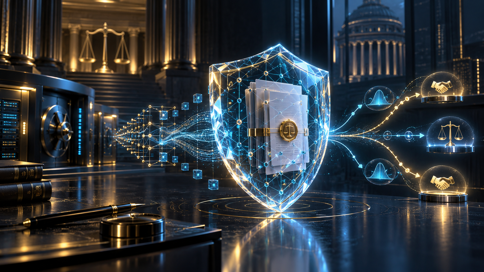 Crystalline cybersecurity shield protecting legal documents with branching settlement probability pathways