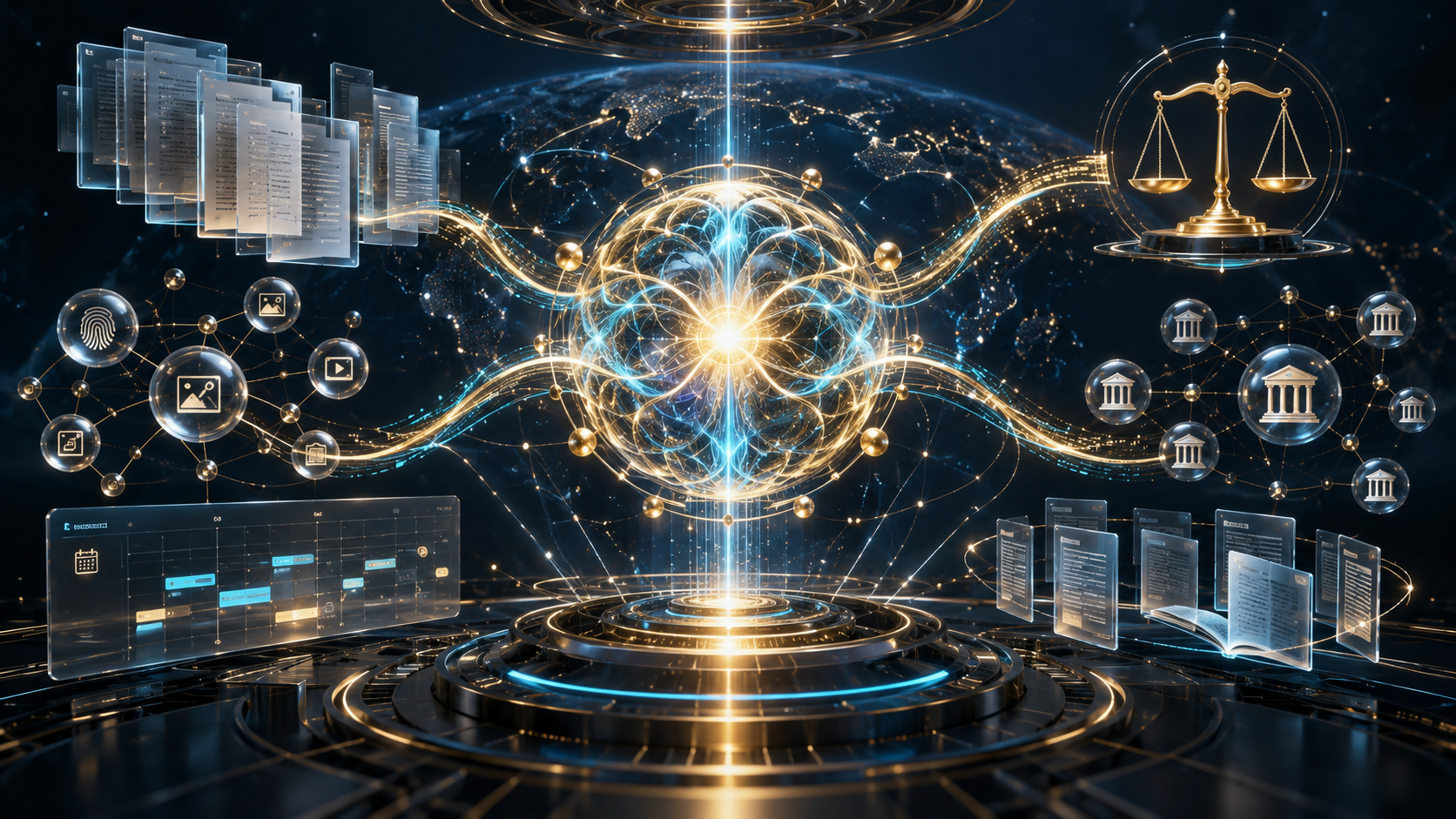 Gold and cyan quantum-inspired legal intelligence network connecting evidence, research, scheduling, and documents