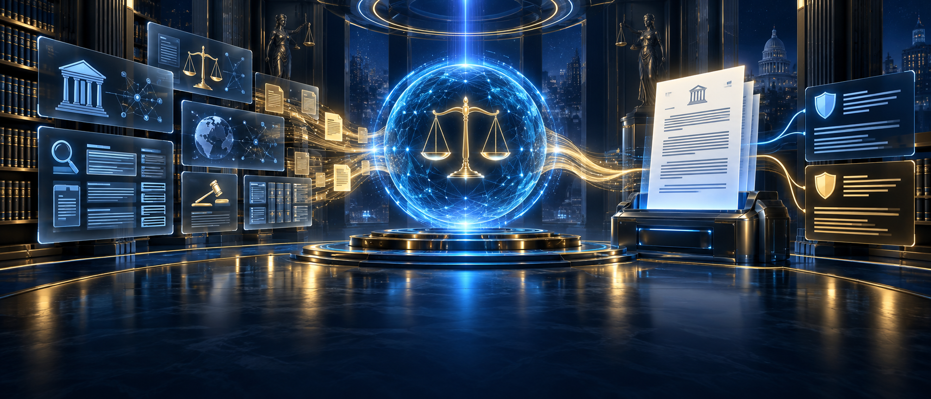 Futuristic enterprise legal AI portal connecting research analysis to structured court-document generation